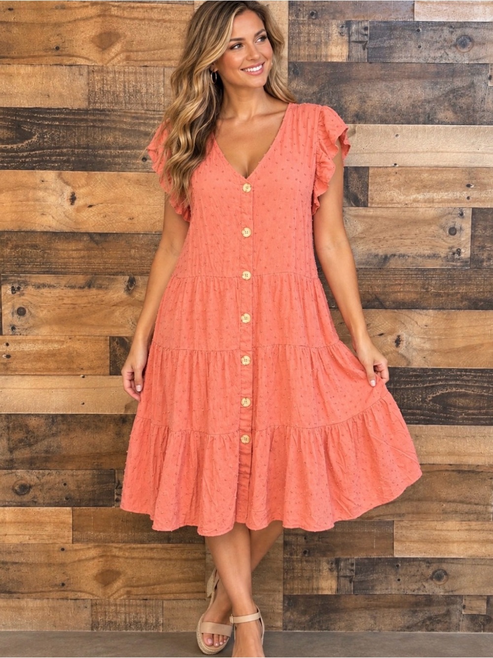 Perch Blu Pepper Terra Cotta Orange Tiered Dress Button Down XL Extra Large